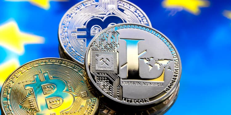 coins Bitcoin and litecoin, against the background of Europe and the European flag, the concept of virtual money, close-up. Conceptual image of digital crypto currency.